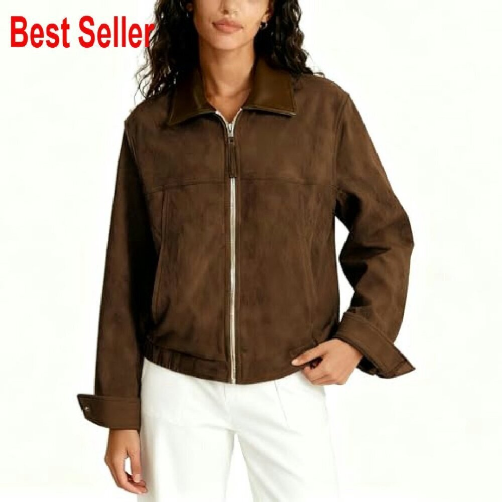 Faux Suede Cropped Jacket Utility Barn Coat Chic Y2K Retro Fall Outwear - Picture 3 of 8
